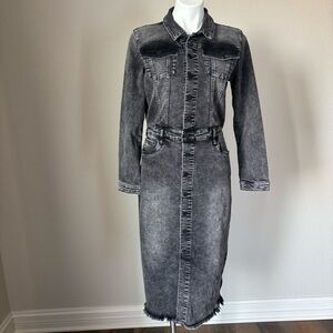 Wash Lab Piece Dyed Grey Denim Button Front Midi Dress Raw Hem Womens Size Small